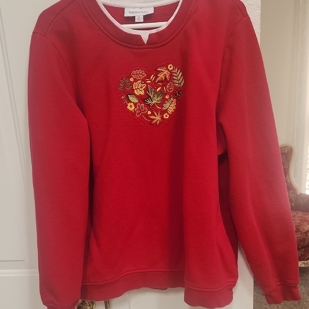 Red Sweatshirt with Embroidered Heart Design